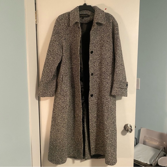 Vintage Kristen Blake Wool Blend Trench Coat Black/White Tweed Long Sz 8 Classic - Picture 2 of 8